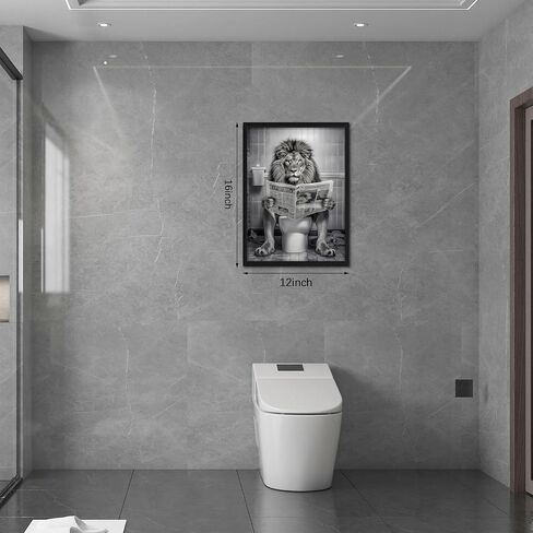 Funny Lion Bathroom Wall Art, Black and White Lion on Toilet Canvas Print, Framed Animal Bathroom Decor 12x16 Ready to Hang in Saudi Arabia