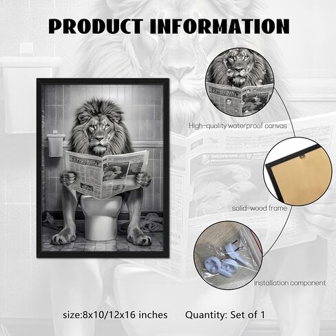 Funny Lion Bathroom Wall Art, Black and White Lion on Toilet Canvas Print, Framed Animal Bathroom Decor 12x16 Ready to Hang in Saudi Arabia