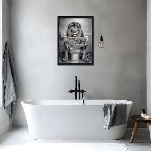 Funny Lion Bathroom Wall Art, Black and White Lion on Toilet Canvas Print, Framed Animal Bathroom Decor 12x16 Ready to Hang in Saudi Arabia