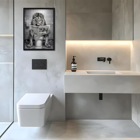 Funny Lion Bathroom Wall Art, Black and White Lion on Toilet Canvas Print, Framed Animal Bathroom Decor 12x16 Ready to Hang in Saudi Arabia