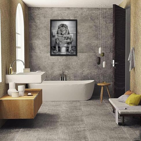 Funny Lion Bathroom Wall Art, Black and White Lion on Toilet Canvas Print, Framed Animal Bathroom Decor 12x16 Ready to Hang in Saudi Arabia