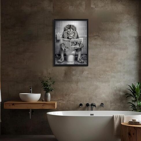 Funny Lion Bathroom Wall Art, Black and White Lion on Toilet Canvas Print, Framed Animal Bathroom Decor 12x16 Ready to Hang in Saudi Arabia