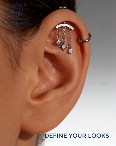 OUFER 16G حلق حلزوني مخفي سلسلة نجمة عمودية متدلية، دبوس دفع بدون خيوط حلق غضروف مسطح من الخلف، 316L من الفولاذ المقاوم للصدأ CZ مجوهرات الأذن العلوية العائمة in Kuwait