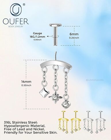 OUFER 16G حلق حلزوني مخفي سلسلة نجمة عمودية متدلية، دبوس دفع بدون خيوط حلق غضروف مسطح من الخلف، 316L من الفولاذ المقاوم للصدأ CZ مجوهرات الأذن العلوية العائمة in Kuwait