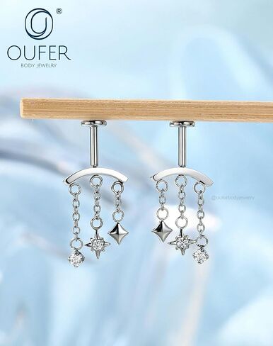 OUFER 16G حلق حلزوني مخفي سلسلة نجمة عمودية متدلية، دبوس دفع بدون خيوط حلق غضروف مسطح من الخلف، 316L من الفولاذ المقاوم للصدأ CZ مجوهرات الأذن العلوية العائمة in Kuwait