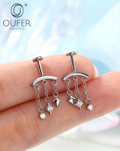OUFER 16G حلق حلزوني مخفي سلسلة نجمة عمودية متدلية، دبوس دفع بدون خيوط حلق غضروف مسطح من الخلف، 316L من الفولاذ المقاوم للصدأ CZ مجوهرات الأذن العلوية العائمة in Kuwait