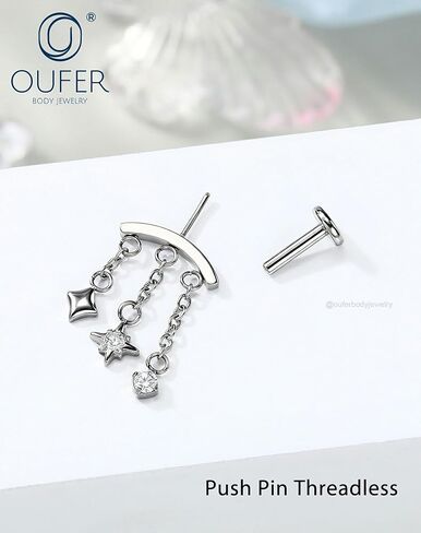 OUFER 16G حلق حلزوني مخفي سلسلة نجمة عمودية متدلية، دبوس دفع بدون خيوط حلق غضروف مسطح من الخلف، 316L من الفولاذ المقاوم للصدأ CZ مجوهرات الأذن العلوية العائمة in Kuwait