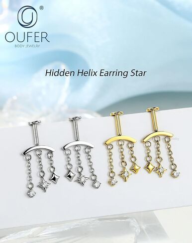 OUFER 16G حلق حلزوني مخفي سلسلة نجمة عمودية متدلية، دبوس دفع بدون خيوط حلق غضروف مسطح من الخلف، 316L من الفولاذ المقاوم للصدأ CZ مجوهرات الأذن العلوية العائمة in Kuwait