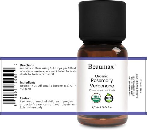 Rosemary Verbenone Organic Essential Oil (Rosmarinus Officinalis) - Beaumax USDA Certified 100% Pure Therapeutic Grade Undiluted Aroma Oil 10ml (0.34 fl oz) in Saudi Arabia
