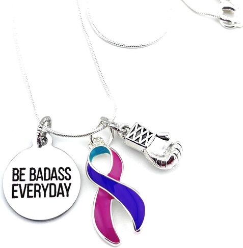 Be Badass Everyday Awareness Encouragement Necklace with Pink Purple Teal Thyroid Cancer Awareness Ribbon Charm in Kuwait