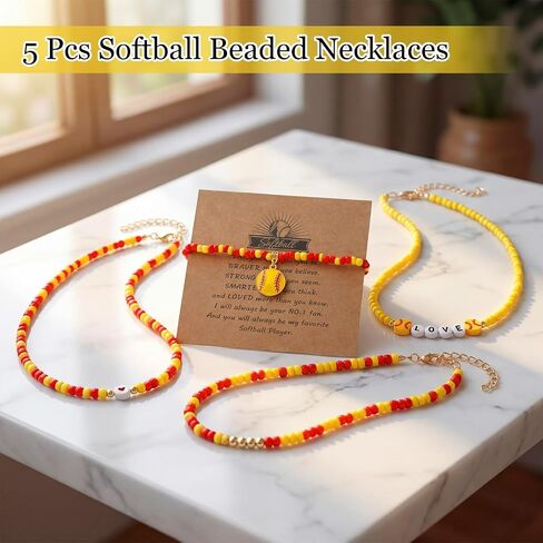 Kigeli 5 Set Softball Necklace Gifts Bulk for Girls Women Boho Beaded Necklace Card Adjustable Beaded Cheer Necklaces Softball Team Gifts for Teens Sport Accessories Pendant Birthday Jewelry in Kuwait