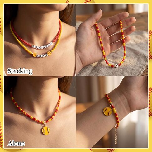 Kigeli 5 Set Softball Necklace Gifts Bulk for Girls Women Boho Beaded Necklace Card Adjustable Beaded Cheer Necklaces Softball Team Gifts for Teens Sport Accessories Pendant Birthday Jewelry in Kuwait