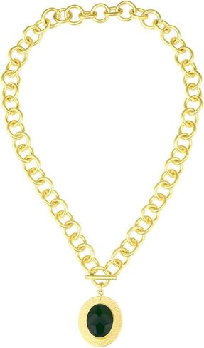 Namami Gold Oval Toggle Necklace for Women | 18K Gold Plated Brass Link Chain Necklace with Green Hydro Glass Pendant | Anti-Tarnish & Hypoallergenic Statement Jewelry for Parties, Travel & Gifting in Saudi Arabia
