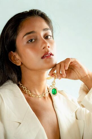 Namami Gold Oval Toggle Necklace for Women | 18K Gold Plated Brass Link Chain Necklace with Green Hydro Glass Pendant | Anti-Tarnish & Hypoallergenic Statement Jewelry for Parties, Travel & Gifting in Saudi Arabia