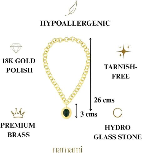 Namami Gold Oval Toggle Necklace for Women | 18K Gold Plated Brass Link Chain Necklace with Green Hydro Glass Pendant | Anti-Tarnish & Hypoallergenic Statement Jewelry for Parties, Travel & Gifting in Saudi Arabia