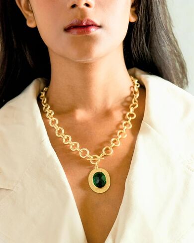 Namami Gold Oval Toggle Necklace for Women | 18K Gold Plated Brass Link Chain Necklace with Green Hydro Glass Pendant | Anti-Tarnish & Hypoallergenic Statement Jewelry for Parties, Travel & Gifting in Saudi Arabia