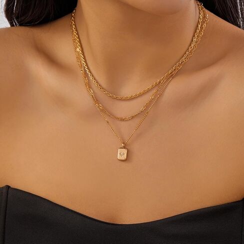 مجموعة 3 قطع من السلاسل المضفرة والمموجة، قلادة عباد الشمس مستطيلة هندسية متعددة الطبقات مع زركونيا مكعب، مجوهرات للاستخدام اليومي للنساء in Kuwait