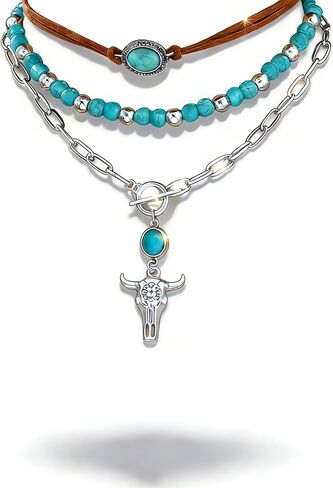 Women’s Western Cowgirl Turquoise Layered Necklace – Boho Country Alloy Jewelry, Silver-Toned Bohemian Vintage Denim Ethnic Fashion in Kuwait