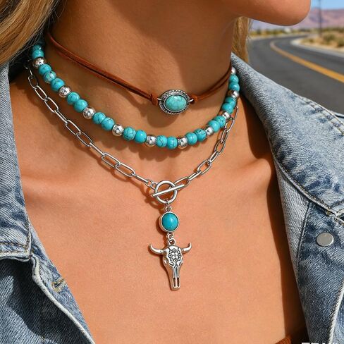 Women’s Western Cowgirl Turquoise Layered Necklace – Boho Country Alloy Jewelry, Silver-Toned Bohemian Vintage Denim Ethnic Fashion in Kuwait