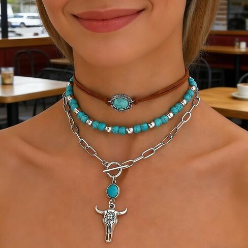 Women’s Western Cowgirl Turquoise Layered Necklace – Boho Country Alloy Jewelry, Silver-Toned Bohemian Vintage Denim Ethnic Fashion in Kuwait