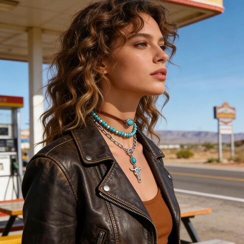 Women’s Western Cowgirl Turquoise Layered Necklace – Boho Country Alloy Jewelry, Silver-Toned Bohemian Vintage Denim Ethnic Fashion in Kuwait