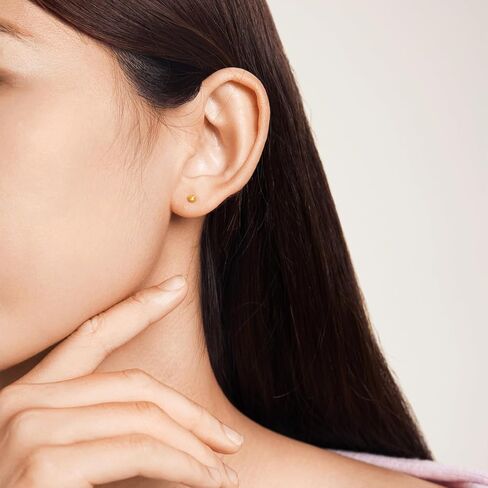 ZHOU LIU FU 24K أقراط ذهبية صلبة 3 مم أقراط كروية بسيطة لامعة مستديرة من الذهب الحقيقي حلق خرز صغير أنيق مجوهرات يومية خالدة للنساء والرجال وأم وابنتها عيد ميلاد A0914002 in Kuwait