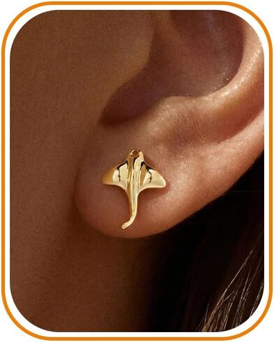 Flat Back Earrings - 14k Gold/White Gold Plated Tiny Ocean Animal Flat Back Stud Earrings for Women,Cute Dolphin Shark Whale Fish Seahorse Shell Turtle Octopus Manta Ray Cartilage Helix Tragus Flatback Stud in Saudi Arabia