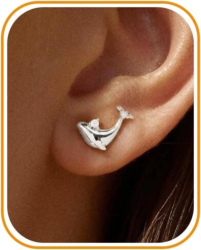 Flat Back Earrings - 14k Gold/White Gold Plated Tiny Ocean Animal Flat Back Stud Earrings for Women,Cute Dolphin Shark Whale Fish Seahorse Shell Turtle Octopus Manta Ray Cartilage Helix Tragus Flatback Stud in Saudi Arabia