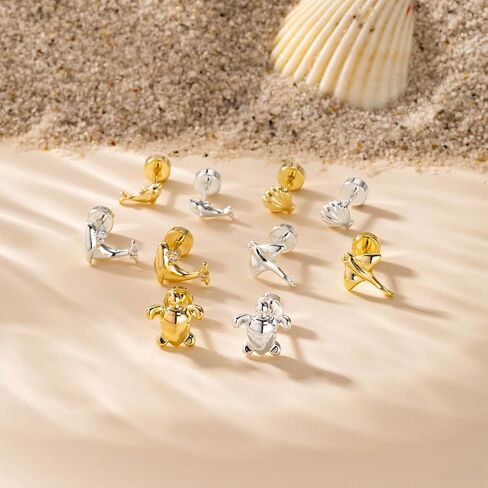 Flat Back Earrings - 14k Gold/White Gold Plated Tiny Ocean Animal Flat Back Stud Earrings for Women,Cute Dolphin Shark Whale Fish Seahorse Shell Turtle Octopus Manta Ray Cartilage Helix Tragus Flatback Stud in Saudi Arabia