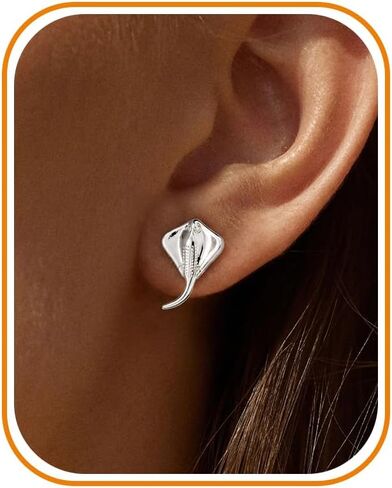 Flat Back Earrings - 14k Gold/White Gold Plated Tiny Ocean Animal Flat Back Stud Earrings for Women,Cute Dolphin Shark Whale Fish Seahorse Shell Turtle Octopus Manta Ray Cartilage Helix Tragus Flatback Stud in Saudi Arabia