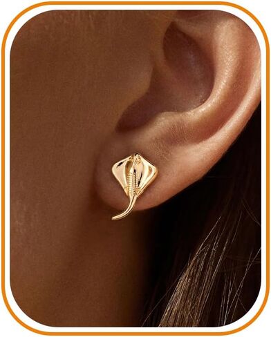 Flat Back Earrings - 14k Gold/White Gold Plated Tiny Ocean Animal Flat Back Stud Earrings for Women,Cute Dolphin Shark Whale Fish Seahorse Shell Turtle Octopus Manta Ray Cartilage Helix Tragus Flatback Stud in Saudi Arabia