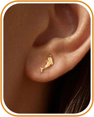 Flat Back Earrings - 14k Gold/White Gold Plated Tiny Ocean Animal Flat Back Stud Earrings for Women,Cute Dolphin Shark Whale Fish Seahorse Shell Turtle Octopus Manta Ray Cartilage Helix Tragus Flatback Stud in Saudi Arabia