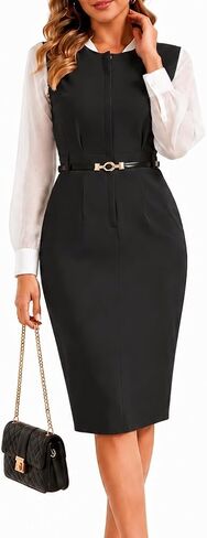 ZVO Elegant Formal Dress for Women Round Neck Long Sleeve Midi Dresses Bodycon Waist Cinching with Belt Outfits in Saudi Arabia