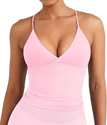 HIGORUN Workout Tank Tops for Women Open Back V Neck Tops with Built in Bras Adjustable Straps Longline Camisole Top in Saudi Arabia