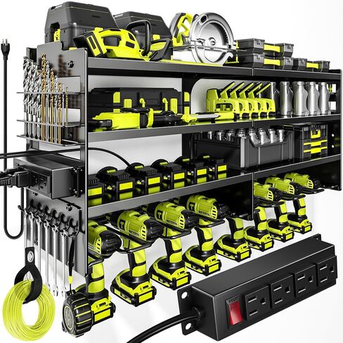 Large Power Tool Organizer with Charging Station, Built in 4 Outlet Power Strip Drill Holder Wall Mount, Heavy Duty Metal Power Tool Storage Rack Shelf for Garage in Saudi Arabia