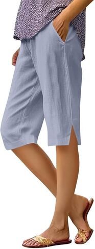 Bermuda Shorts for Women Long Linen Shorts Knee Length Summer Casual Elastic Waisted Side Split Button with Pockets in Saudi Arabia