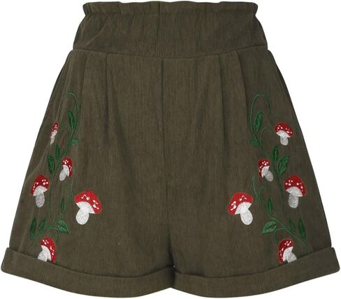 Corduroy Shorts for Women Mushroom Embroidery Cottagecore Clothing Summer Casual Elastic Paperbag Waist Sweat Shorts in Saudi Arabia