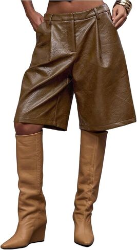OYOANGLE Women's Leather Pleated Wide Leg Shorts Low Rise Dressy Bermuda Shorts with Pockets in Kuwait