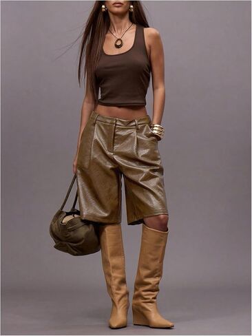 OYOANGLE Women's Leather Pleated Wide Leg Shorts Low Rise Dressy Bermuda Shorts with Pockets in Kuwait