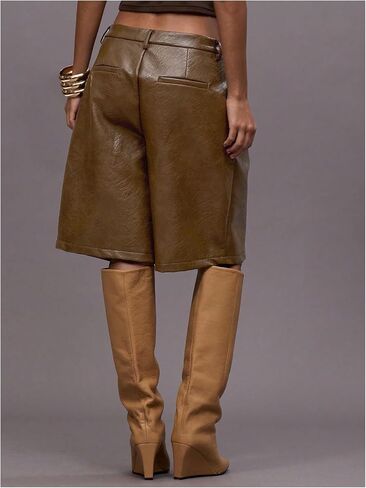 OYOANGLE Women's Leather Pleated Wide Leg Shorts Low Rise Dressy Bermuda Shorts with Pockets in Kuwait
