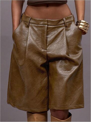 OYOANGLE Women's Leather Pleated Wide Leg Shorts Low Rise Dressy Bermuda Shorts with Pockets in Kuwait