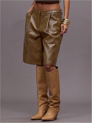 OYOANGLE Women's Leather Pleated Wide Leg Shorts Low Rise Dressy Bermuda Shorts with Pockets in Kuwait