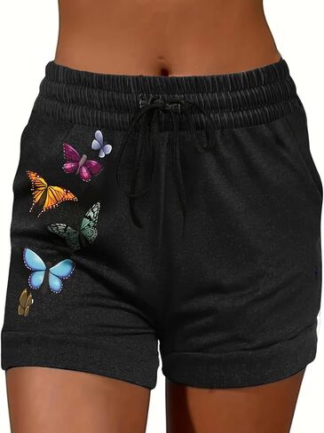 Women's Plus Size Butterfly Print Shorts with Drawstring Casual Sports Holiday Mini Shorts in Kuwait