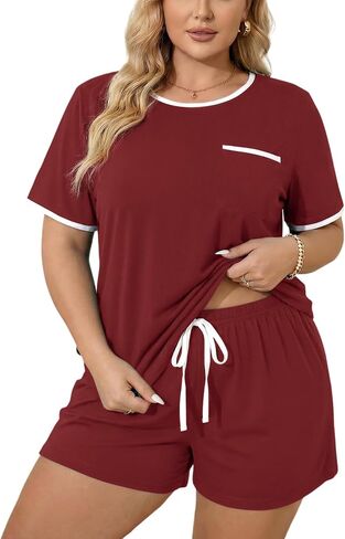 Plus Size Pajama Set for Women 2 Piece Lounge Set Short Sleeve Tops and Shorts Soft PJS Sleepwear with Chest Pocket in Saudi Arabia