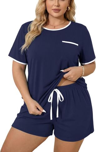 Plus Size Pajama Set for Women 2 Piece Lounge Set Short Sleeve Tops and Shorts Soft PJS Sleepwear with Chest Pocket in Saudi Arabia