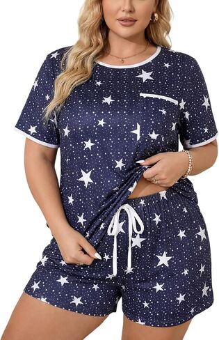 Plus Size Pajama Set for Women 2 Piece Lounge Set Short Sleeve Tops and Shorts Soft PJS Sleepwear with Chest Pocket in Saudi Arabia