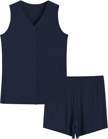 Latuza Women's Bamboo Viscose Button Up Pajama Tank Top and Shorts Lounge Set in Kuwait