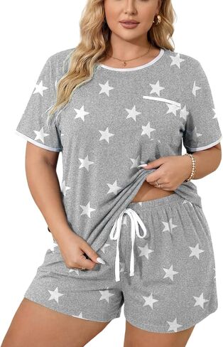 Plus Size Pajama Set for Women 2 Piece Lounge Set Short Sleeve Tops and Shorts Soft PJS Sleepwear with Chest Pocket in Saudi Arabia