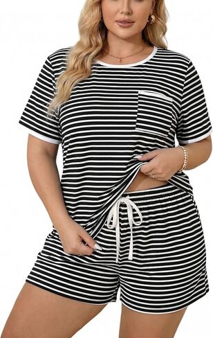 Plus Size Pajama Set for Women 2 Piece Lounge Set Short Sleeve Tops and Shorts Soft PJS Sleepwear with Chest Pocket in Saudi Arabia