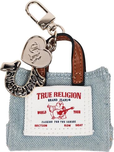 True Religion Buddha Mini Tote Bag Charm, Denim Keychain with Heart and Horseshoe Pendants, Gold Hardware, Denim in Kuwait
